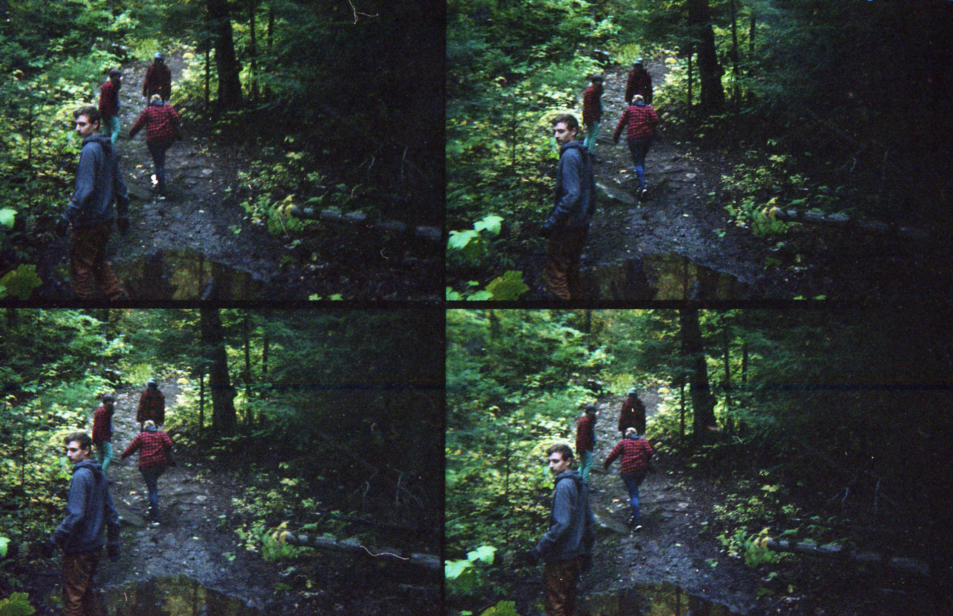 A group of 4 climbing up a hill in the dark forest