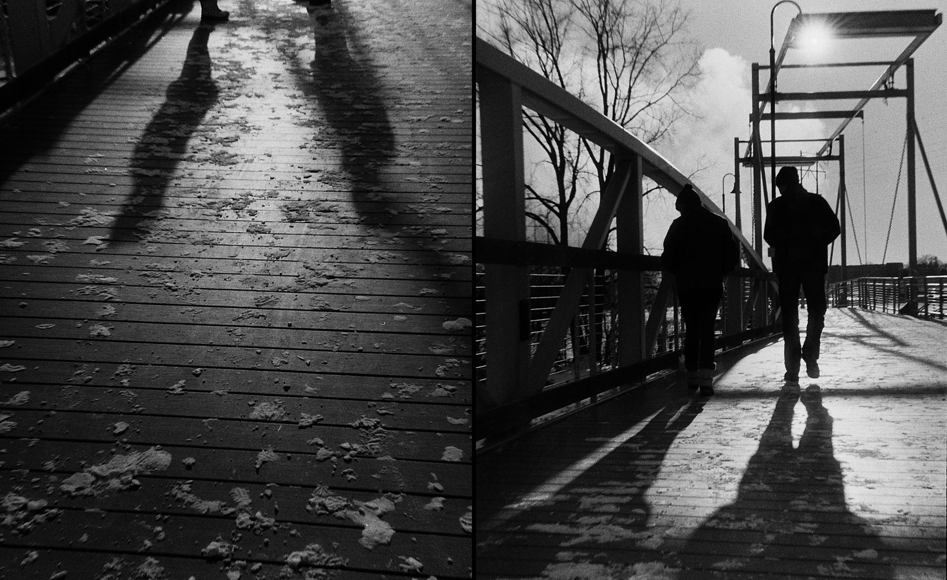 People walking towards the sun, casting long shadows