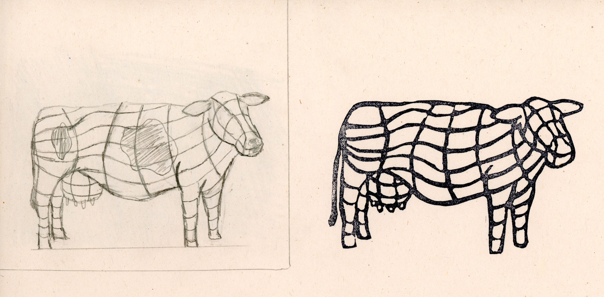 a stamp of a wireframe cow from the side